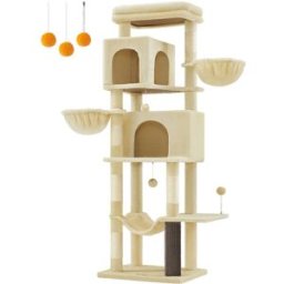 FEANDREA Árbol para gatos multinivel con 2 cuevas y 5 rascadores de color beige