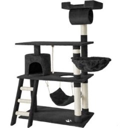 Tectake Árbol rascador para gatos, postes de sisal, antivuelco, 141cm, negro