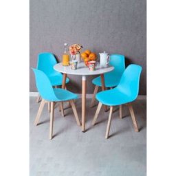 RegalosMiguel Conjunto Mesa Tower Redonda 80 cm Blanca y Pack 4 Sillas Kelen - Azul cielo