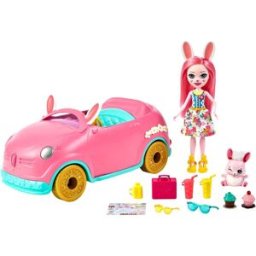 Enchantimals Bunnymóvil Bree Bunny y su coche rosa descapotable muñeca, mascota conejito y accesorios .