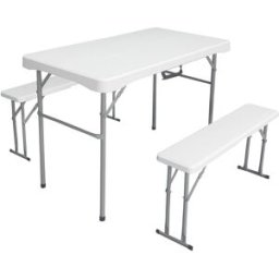 F. BURGOS Set Picnic plegable resina - Mesa rectangular + 2 Bancos. Blanco