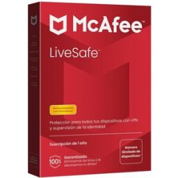 Mcafee LiveSafe, Antivirus y seguridad en Internet, dispositivos ilimitados (Windows/Mac/Android/iOS), Suscripción de 1 año.