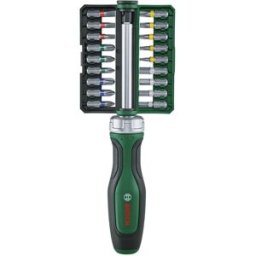 Bosch Set Destornillador de Carraca + 18 Puntas. Verde / Negro
