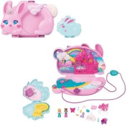 Polly Pocket Cofre-bolso Mamá conejo unicornio y bebé para mini muñecas Mattel.