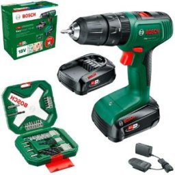 Bosch Taladro Percutor a Batería 18V Power for All + 2 Baterías + Cargador + Set X-Line 34 accesorios. Verde / Negro