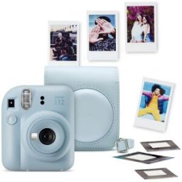 Fujifilm Kit de Cámara instantánea instax mini 12 con funda, carga 10 fotos y 50 adhesivos de doble cara. Azul