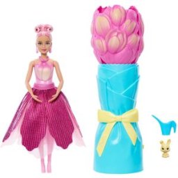 Barbie Petal Pop Muñeca sorpresa en ramo de tulipanes rosas.