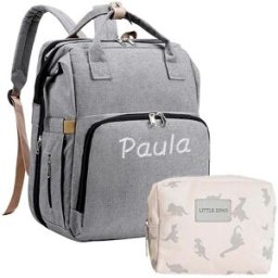El Recién Nacido Mochila convertible en cuna con el nombre bordado color gris. Gris niño