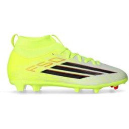 Adidas - Bota de fútbol F50 League Mid FG/MG Niño, Unisex, Team Solar Yellow 2-Core Black-Lucid Red, 5,5 UK
