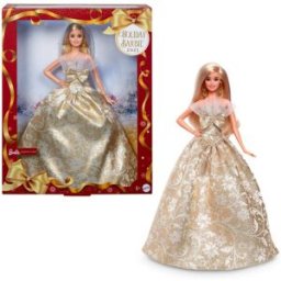 Barbie Signature Felices fiestas 2025 pelo rubio con vestido dorado y plateado Mattel.