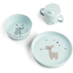 Done by Deer Set de vajilla con plato, bowl ventosa y taza de aprendizaje Celebration. (29.5 X 18 X 10 Cm) Azul claro niño