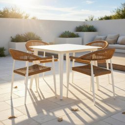 CONJUNTO DE MESA CUADRADA Y 4 SILLAS de aluminio y ratán sintético beige