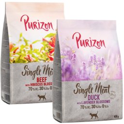 Purizon pack mixto de prueba 2 x 400 g pienso para gatos - Single Meat Mix: Vacuno con flores de hibisco + Pato con flores de lavanda