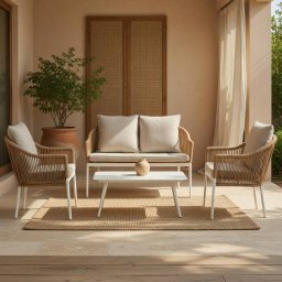 Conjunto de mesa baja, sofa y 2 sillones de aluminio y ratán sintético