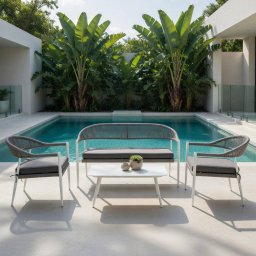 Conjunto de mesa baja, sofa y 2 sillones de aluminio y ratán sintético gris