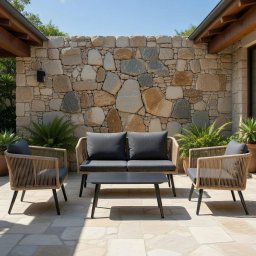 Conjunto de mesa baja, sofa y 2 sillones de aluminio y ratán sintético marrón y gris