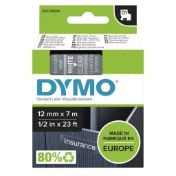 DYMO D1 Standard - White on Transparent - 12mm cinta para impresora de etiquetas Blanco sobre transparencia