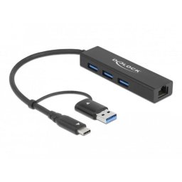 Hub Delock 3 puertos USB 3.2 Gen 1 Gigabit Ethernet Negro compacto portátil