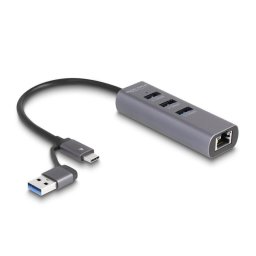 Hub Delock 3 puertos USB 5 Gbps Gigabit LAN metálico USB-C/A