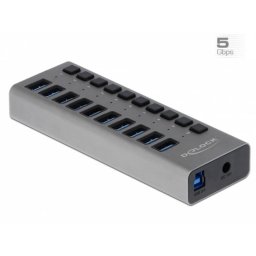 Hub Delock 10 puertos 5 Gbps USB 3.2 Gen 1 con interruptores individuales aluminio gris