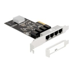 Tarjeta de Red Delock PCI Express x4 4x RJ45 Gigabit LAN 1000 Mbps Plata