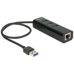 Hub Delock 3 puertos USB 3.0 Gigabit Ethernet 1000 Mbps con indicador LED