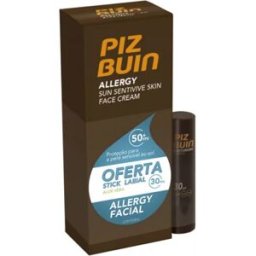 Piz Buin Allergy Crema Facial Piel Sensible al Sol SPF50+ 50ml + Barra de Labios Hidratante Sun LipStick SPF30 4,9g