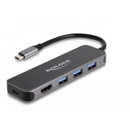 Hub Delock 3 puertos USB 3.2 Gen 1 85 W HDMI 4K 30 Hz PD 3.0 Gris