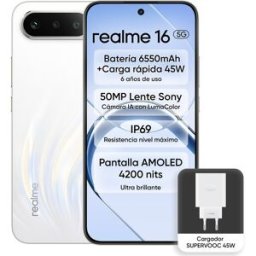 Realme 16 5G 8GB + 256 GB móvil libre + Cargador 45W. (256 GB + 8 GB RAM) Blanco