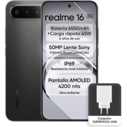 Realme 16 5G 8GB + 256 GB móvil libre + Cargador 45W. (256 GB + 8 GB RAM) Negro