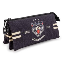 Estuche escolar portatodo triple Prodg Tiger con 2 cremalleras Negro
