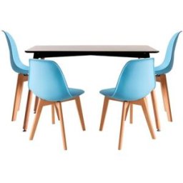 RegalosMiguel Conjunto Mesa Tower Rectangular 120 x 80 cm Negra y Pack 4 Sillas Kelen - Azul cielo