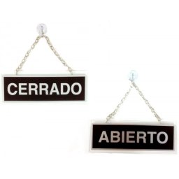 Letrero de aluminio serigrafiado abierto y cerrado con cadena y ventosa para colgar 232x74 mm
