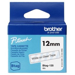 Cinta para impresora de etiquetas Brother BTAG-135 Blanco sobre transparente 12 mm x 4 m