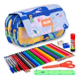 Estuche Triple Milan Blue Odyssey con Material Escolar Incluido