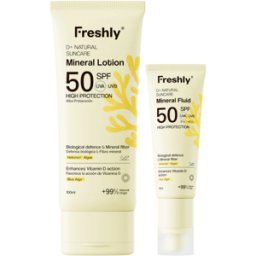 Freshly D Natural Suncare Fluido Mineral Facial SPF50D Fluido solar natural con minerales, 50 ml Loción solar con minerales, 100 ml SPF50