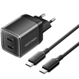 Cargador de Pared GaN Vention 2xUSB-C 45W + Cable USB-C 1m Negro