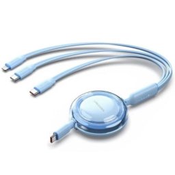 Cable USB Tipo-C 3 en 1 Vention Retráctil 100W 480Mbps 1.1m Azul