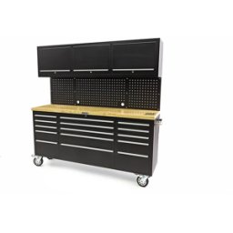 HBM banco de trabajo 182 cm con 15 cajones, pared de armario y panel trasero, encimera de madera, negro