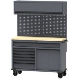 Mesa de trabajo móvil HBM 136 cm con 7 cajones y armario superior, gris