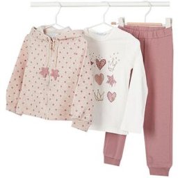 Mayoral Conjunto de niña de 3 piezas: chaqueta de felpa, camiseta de manga larga y pantalón de chándal rosa 128