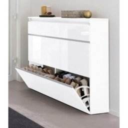 Dmora Zapatero Dlukak, Mueble multiusos con 2 puertas y 1 puerta abatible, Zapatero de entrada, 100% Made in Italy, cm 120x27h108, Blanco brillo