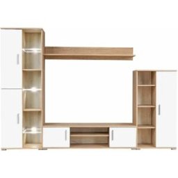 Clicnbuy Mueble salón pared para TV con luces LED roble Sonoma y blanco