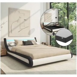 MB Muebles Bonitos Cama de matrimonio con Canapé y Colchón 150x190cm en Blanco y Negro con LED Parisina