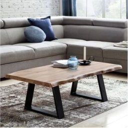 Furnix mesa de centro madera maciza acacia Mesa de madera 115 x 40 x 61 cm mesa auxiliar estilo rural patas de metal