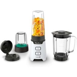 Moulinex Batidora de vaso LM16L1 3 en 1 con vaso de cristal, botella para llevar y cuchillas extraíbles. Blanco