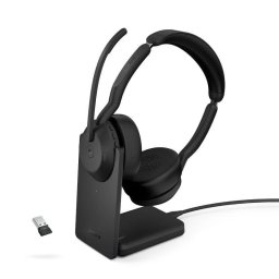 Auriculares Jabra Evolve2 55 inalámbricos Bluetooth con Cancelación Activa de Ruido, micrófono y base de carga, negro