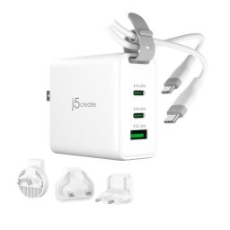 Cargador j5create de 3 puertos GaN 65 W con enchufes intercambiables y cable USB-C