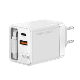 Mars Gaming MD-GAN65R Cargador USB-C GaN 65W Cable Retráctil Blanco