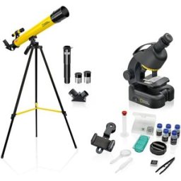 National Geographic Kit de telescopio Refractor acromático y microscopio de luz transmitida con hasta x640 aumentos. Amarillo